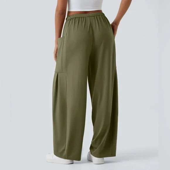 Mid Rise Elastic Waistband Drawstring Pocket Palazzo Flowy Wide Leg M - Picture 2 of 5